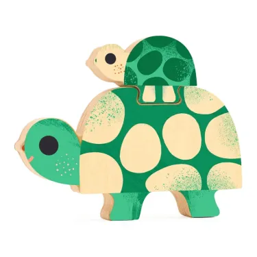 Puzzle en bois Djeco 1084 Puzz and Play Family: tortue avec motifs verts et beige, pièces assemblées en relief.