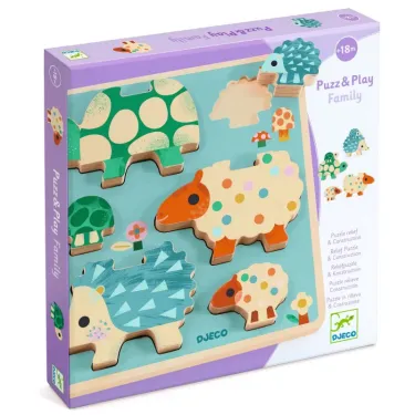 Puzzle en bois DJECO 1084 Puzz & Play Family, jeu de construction en bois avec animaux et formes colorées.