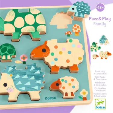Puzzle en bois DJECO 1084 Puzz and Play Family: animaux colorés à assembler sur une planche éducative.