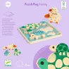 Puzzle en bois DJECO Puzz & Play Family : 2 moutons, 2 tortues et 2 hérissons colorés sur socle en puzzle, livré en 6 pièces, dès 18 mois.