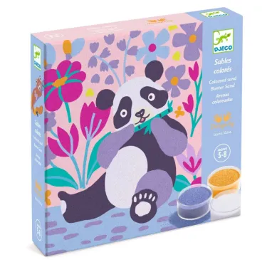 Pattes de velours - Sables colorés DJECO 8698: coffret enfant avec panda illustré au milieu de fleurs colorées, peintures en sable doré et violet.