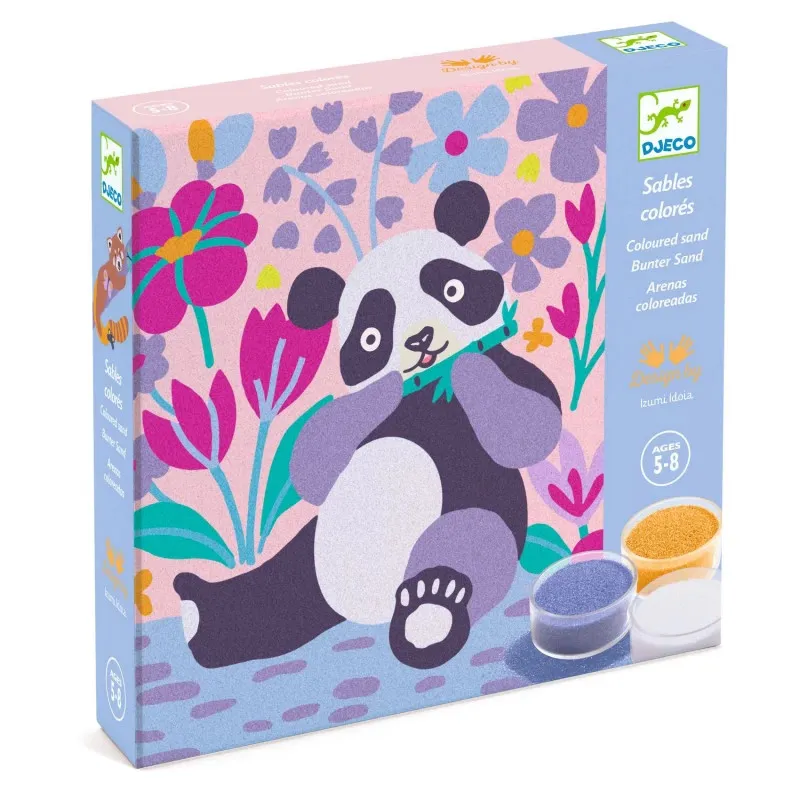 Pattes de velours - Sables colorés DJECO 8698: coffret enfant avec panda illustré au milieu de fleurs colorées, peintures en sable doré et violet.