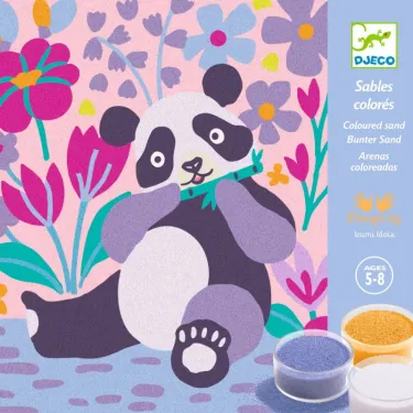Pandasimal coloré sur fond floral avec sables colorés Djeco, boîte latérale bleue et surprises pastel. Pattes de velours.
