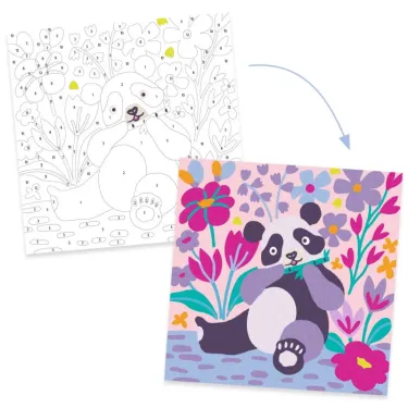 Pattes de velours : coloriage à points numérotés avec un ourson en haut et panda dans un jardin fleuri coloré (dJECO 8698).