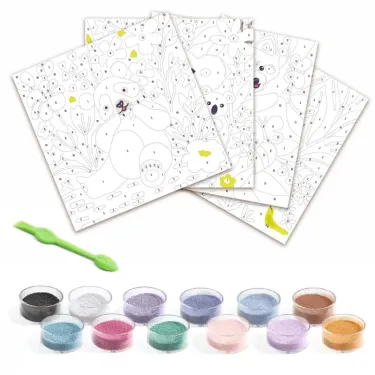 Pattes de velours – Sables colorés DJECO 8698: sets de pages à colorier loisir créatif avec petites couleurs pastel, pinceau vert et pots de sable coloré répartis.