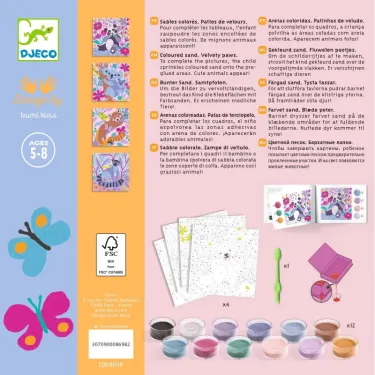 Pattes de velours – Sables colorés DJECO 8698: kit coloré pour enfants de 5–8 ans avec cartes à colorier, pots de sable coloré, outils et petites activités.
