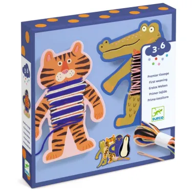 Kit de tissage Premier tissage - Les pulls des animaux DJECO 0071 packaging avec tigre et crocodile colorés.