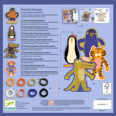 Première tissage – le pull des animaux DJECO 0071 avec personnages animaux colorés et élastiques cordons, planche d’instructions et dimensions