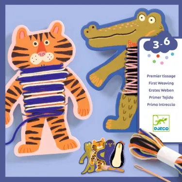 Premier tissage : activité de tissage de peluches animaux DJECO 0071, avec tigre et crocodile en papier, kit de couture coloré.