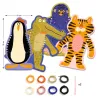 Panneau déco « Premier tissage - Les pulls des animaux DJECO 0071 » avec quatre animaux en carton et fils de différentes couleurs.
