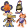 Quatre animaux en silhouettes en bois avec des fils colorés enroulés autour du torse: singe violet, pingouin, crocodile et tigre. Premier tissage - Les pulls des animaux DJECO 0071