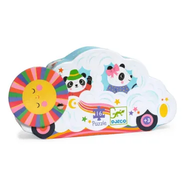 Puzzle silhouette 16 pièces Voiture nuage DJECO 7276, avec soleil coloré et animaux dans les nuages.