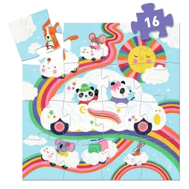 Puzzle silhouette 16 pièces Voiture nuage DJECO 7276, scène colorée avec un véhicule nuage, animaux et arcs-en-ciel.