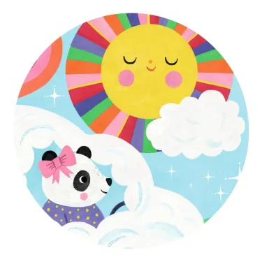 Puzzle silhouette 16 pièces Voiture nuage DJECO 7276 avec panda dans les nuages face au soleil souriant rond coloré dans un ciel bleu.