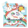 Puzzle silhouette 16 pcs DJECO 7276: scène fantaisie avec voitures nuage et animaux colorés sur un arc-en-ciel.