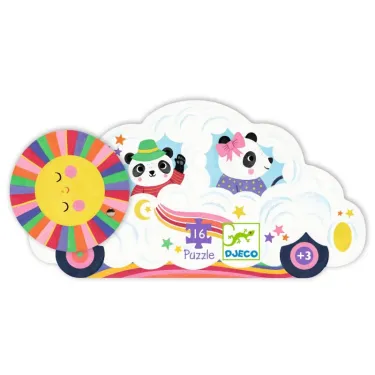 Puzzle silhouette 16 pcs "Voiture nuage" DJECO 7276 avec deux pandas dans un ciel fluffy et soleil multicolore.