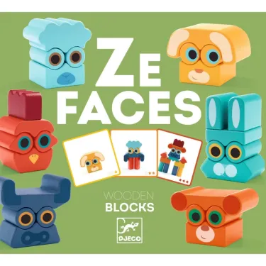 Ze Faces - Animaux à empiler en bois DJECO 6439: blocs en forme d’animaux colorés et yeux amovibles, jeu de construction ludique.