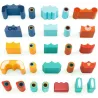 Jeu d’assemblage en bois Ze Faces - Animaux à empiler DJECO 6439, pièces colorées empilables et éléments cylindriques.