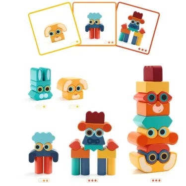 Ze Faces - Animaux à empiler en bois DJECO 6439: ensemble coloré de blocs à empiler avec yeux, pour construction ludique.