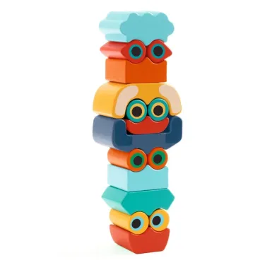 Ze Faces - Animaux à empiler en bois DJECO 6439: colone de blocs colorés en forme d’animaux qui s’empilent, avec lunettes décoratives.