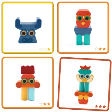Ze Faces – Animaux à empiler en bois DJECO 6439: illustration de quatre personnages colorés en empilement, chacun avec des formes géométriques et lunettes.