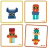 Ze Faces – Animaux à empiler en bois DJECO 6439: illustration de quatre personnages colorés en empilement, chacun avec des formes géométriques et lunettes.