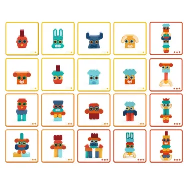 Ze Faces: animaux à empiler en bois DJECO 6439, ensemble de cartes colorées et rigolotes de personnages en bois empilables à construire.