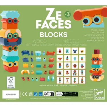 Bloc de jeux en bois Ze Faces - Blocks: pièces colorées à empiler et modèles animaux DJECO 6439.