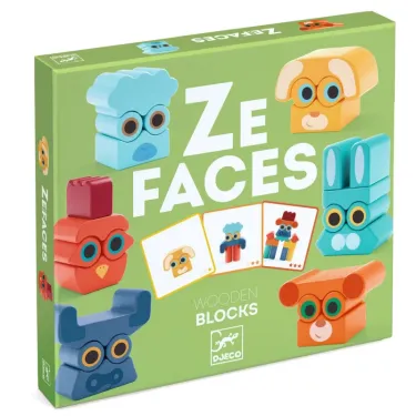 Jeu de blocs en bois Ze Faces de Djeco 6439, figures animales empilables colorées avec lunettes.