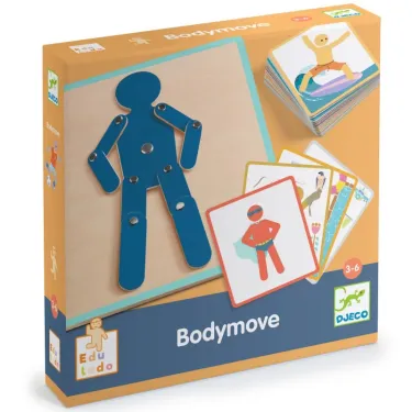 Bodymove - jeu Eduludo DJECO 0892 : boîte orange avec silhouette bleue et cartes illustrées pour enfants 3-6 ans.