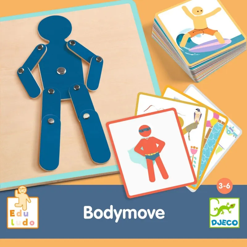 Bodymove: jeu Eduludo Djeco 0892, pièces magnétiques bleues assemblant une silhouette humaine sur fond bleu, cartes illustrées colorées autour.