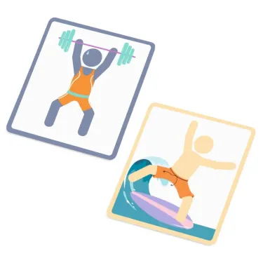 Deux cartes illustrées du jeu Bodymove Eduludo DJECO 0892: un homme soulève des haltères et l’autre fait du surf, tous deux avec mouvements dynamiques.