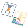 Deux cartes illustrées du jeu Bodymove Eduludo DJECO 0892: un homme soulève des haltères et l’autre fait du surf, tous deux avec mouvements dynamiques.