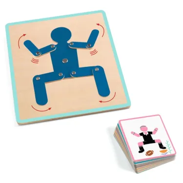 Bodymove – jeu Eduludo DJECO 0892: cartes montrant un personnage bleu articulé avec bras et jambes en rotation et un tas de cartes illustrées colorées.