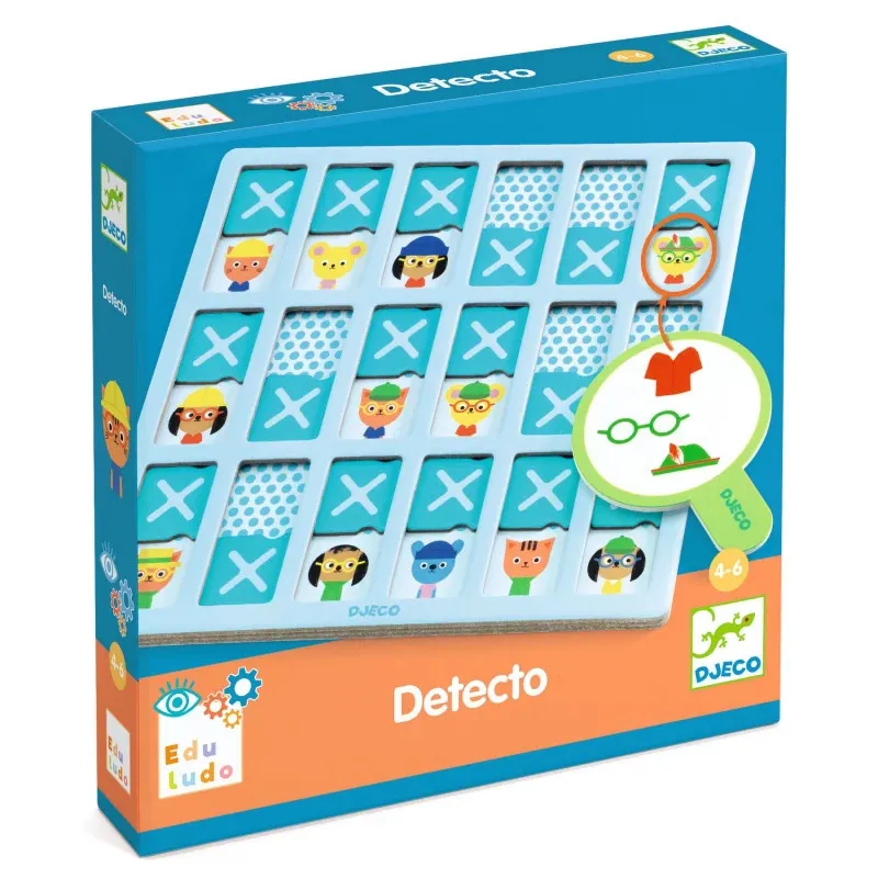 Detecto, jeu Eduludo DJECO 8279: plateau de jeu avec tuiles X et personnages, jeu éducatif pour 4–6 ans.