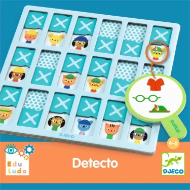 Plateau de jeu Detecto par Eduludo DJECO 8279 avec cases bleues et icônes X, personnages animaux colorés et indices. Jeu éducatif pour enfants 4–6 ans.