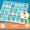 Plateau de jeu Detecto par Eduludo DJECO 8279 avec cases bleues et icônes X, personnages animaux colorés et indices. Jeu éducatif pour enfants 4–6 ans.