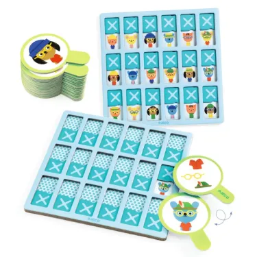 Plateau de jeu Detecto - jeu Eduludo DJECO 8279 avec tuiles bleues X et mascottes, pièces rondes et jetons.