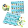 Plateau de jeu Detecto - jeu Eduludo DJECO 8279 avec tuiles bleues X et mascottes, pièces rondes et jetons.