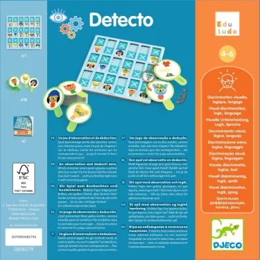 Detecto, jeu Eduludo DJECO 8279, plateau teaser bleu avec pions et cartes, jeu pédagogique pour 4–6 ans sur l’observation et la déduction.