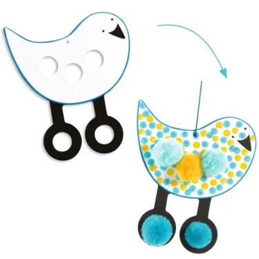 Paires d’animaux en forme de poulets colorés DJECO avec pompons et perles, motif bleu et jaune, jeu de Points et pompons - Dans le ciel.