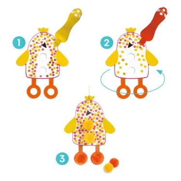 Points et pompons - Dans le ciel DJECO 0964 : poupon oiseau jaune et blanc, bouchon coloré et pompons orange, étapes d’assemblage n°1 à 3.