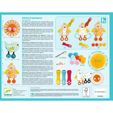 Verso packaging « Points et pompons - Dans le ciel » DJECO 0964 avec marquage et pompons colorés pour personnaliser des silhouettes d’oiseaux et accessoires.