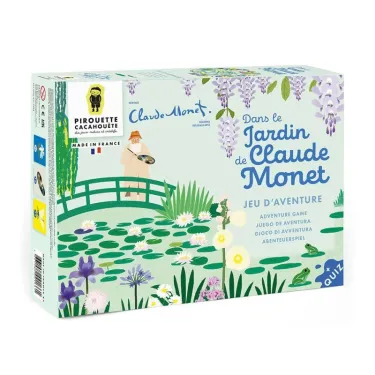 Dans le jardin de Claude Monet – Jeu de l'oie Pirouette Cacahouète, boîte de jeu d’aventure décorée de fleurs et d’un pont au jardin.