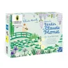Dans le jardin de Claude Monet – Jeu de l'oie Pirouette Cacahouète, boîte de jeu d’aventure décorée de fleurs et d’un pont au jardin.