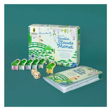 Jeu de l'oie Pirouette Cacahouète: boîte illustrée, course de l’aventure « Dans le jardin de Claude Monet » avec pions en forme de grenouilles et dés sur fond vert.