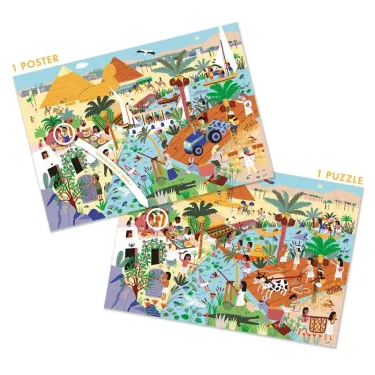 Puzzle à remonter le temps "Egypte antique" Pirouette Cacahouète: scène colorée avec pyramides, palmiers, bateaux et personnages en activité.