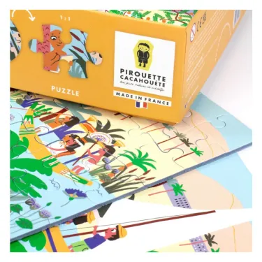 Puzzle à remonter le temps 'Egypte antique' Pirouette Cacahouète, boite jaune et pièces colorées visibles.
