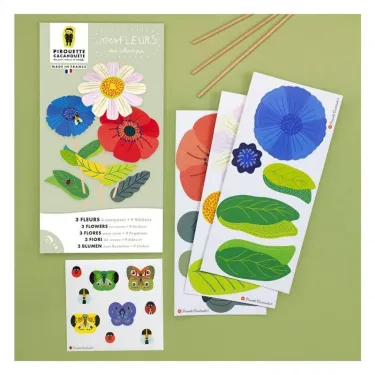 Kit créatif pour enfant Pirouette Cacahouète: 3 fleurs des champs à créer avec stickers et planches décoratives.
