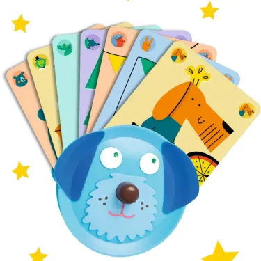 Chat porte-cartes DJECO DJO 5997: ensemble de cartes colorées avec un chien bleu décoratif au centre.